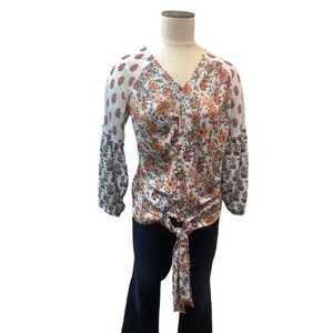 Boho Floral Print Tie Front Blouse Women's Long Sleeve V Neck Orange